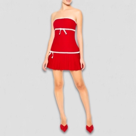 NWT Forever 21 Pleated Mini Dress Strapless Lace Trim Bow Detail Red/White XL - Picture 1 of 12